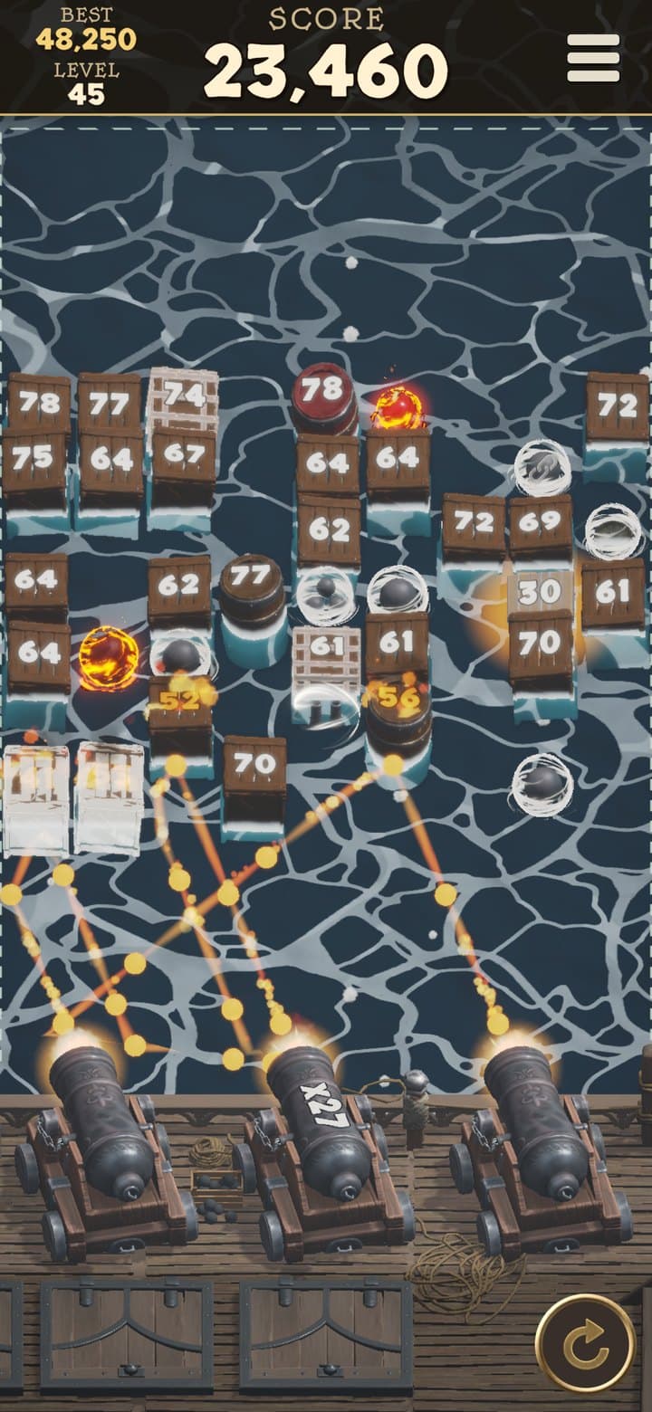 Broadside: three cannons on the ship's deck fire flaming shots into a wall of crates on rough grey seas