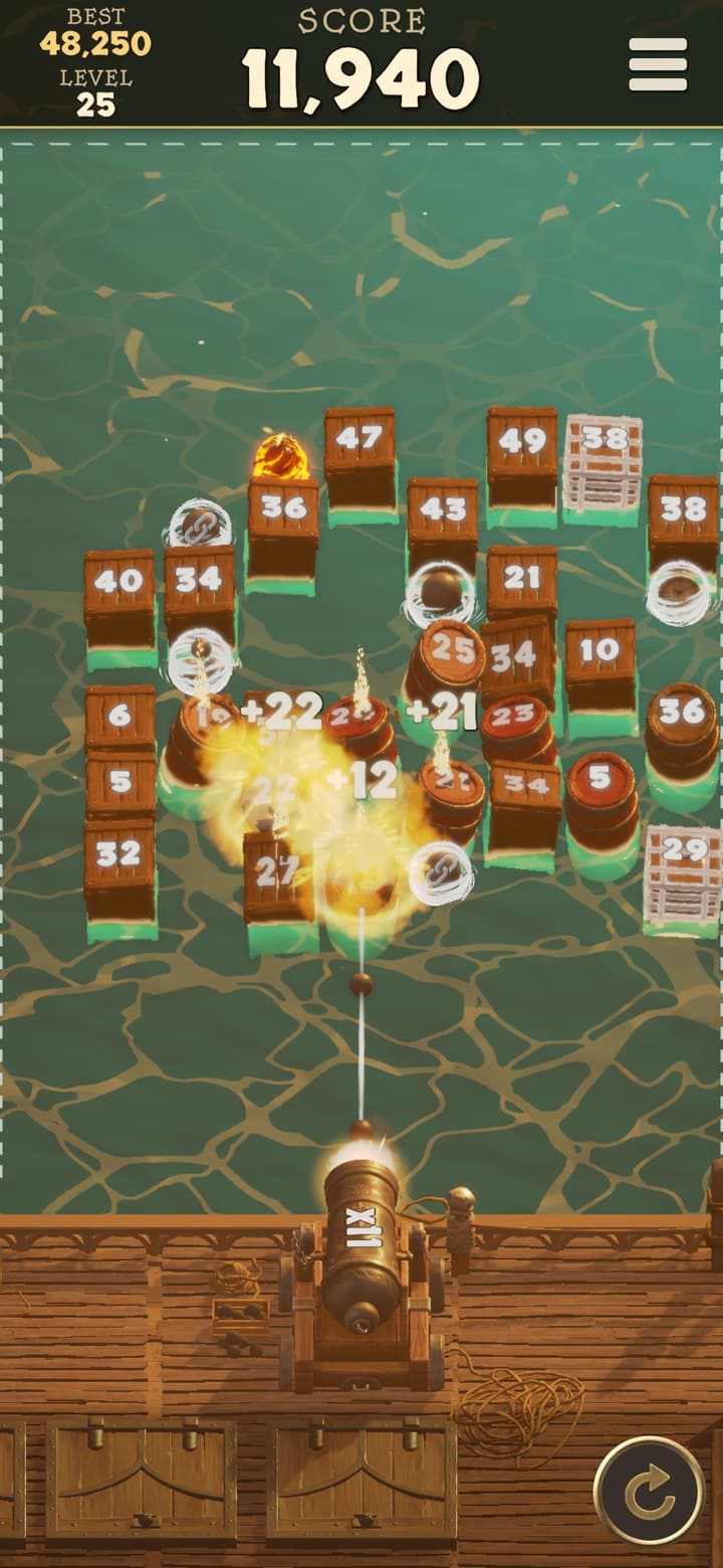 A chain of powder kegs exploding through crates in warm golden-hour light