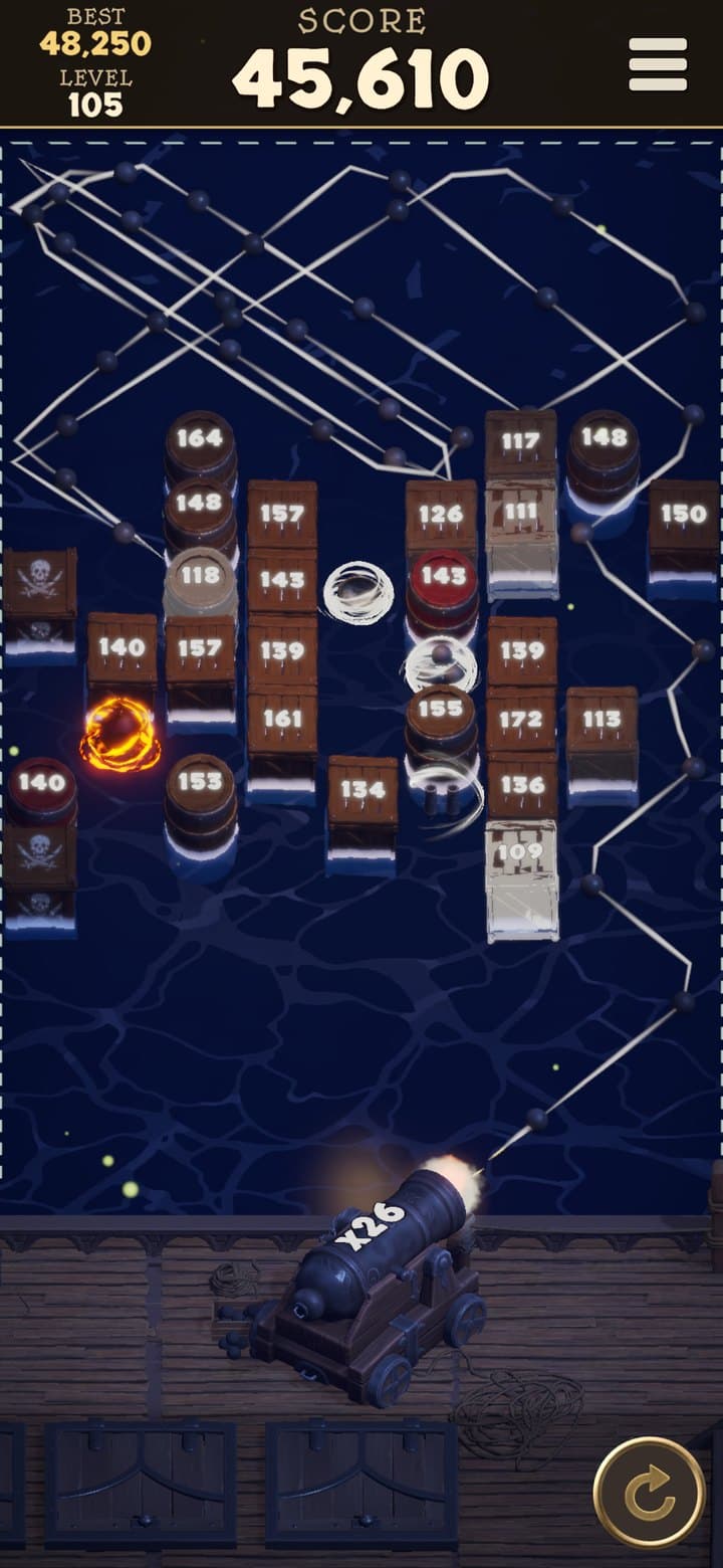Night on calm dark-blue water with fireflies, as a long volley of cannonballs bounces through the crates
