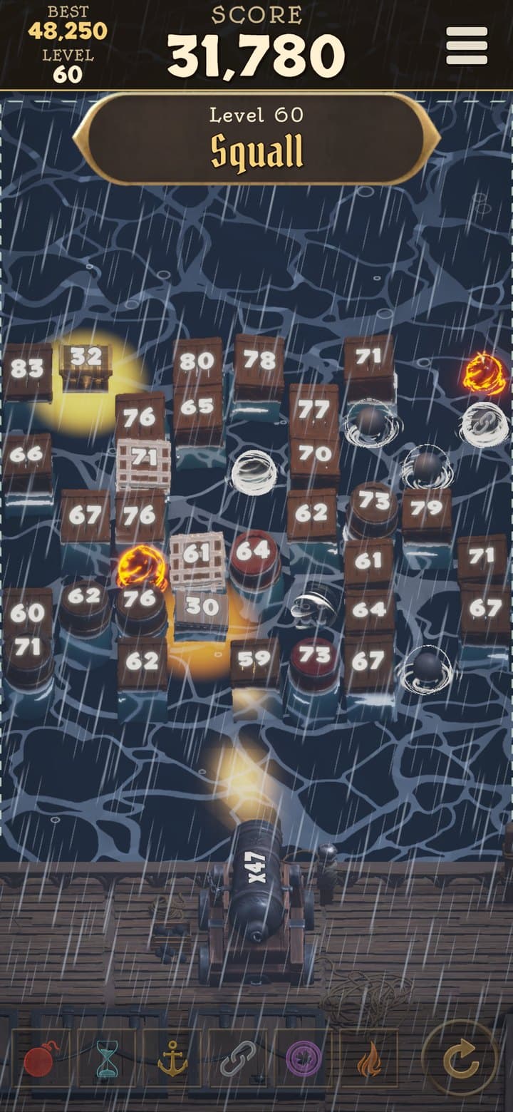 The weather changing: a Level 60: Squall banner over a rainy board of crates