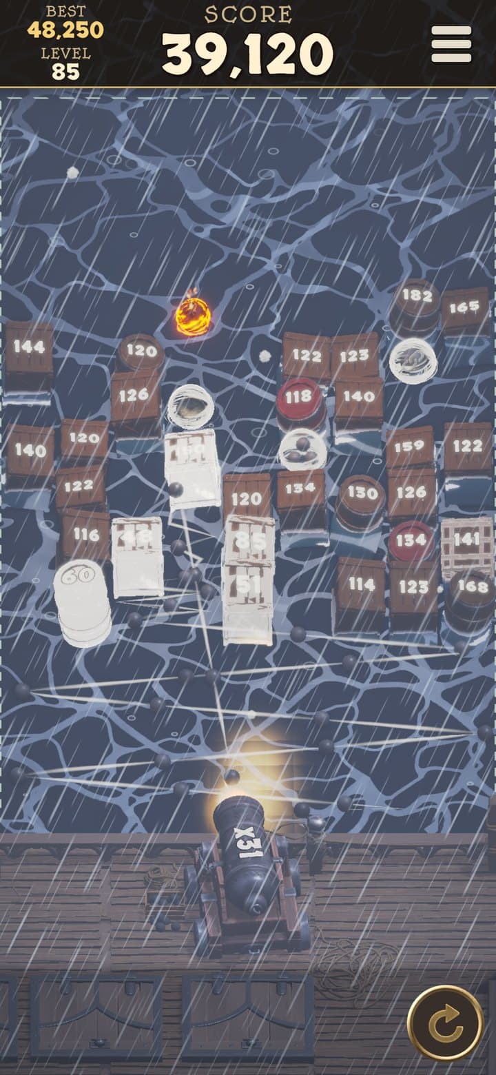 A thunderstorm: rain lashes the sea and lightning flashes as cannonballs smash through the crates
