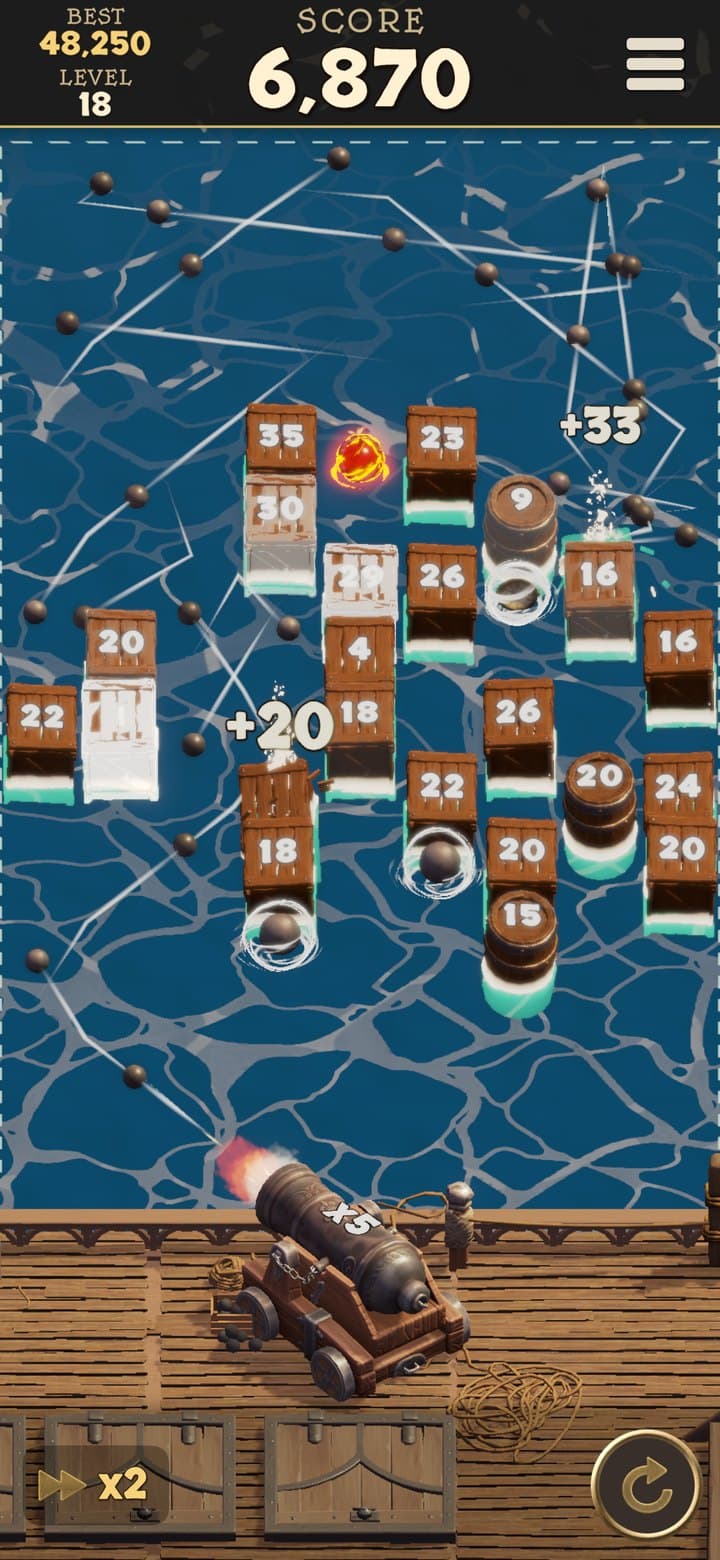 A volley of more than fifty cannonballs ricocheting across a calm blue sea through numbered crates and barrels